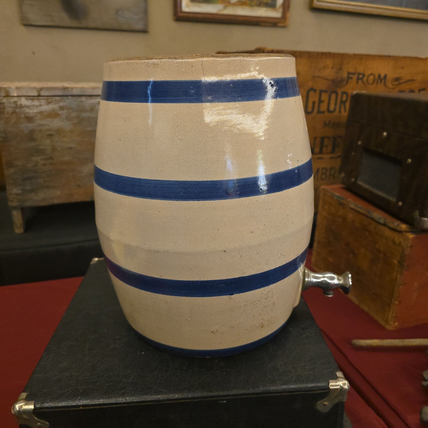 Antique 2-Gallon Blue Banded Stoneware Water Cooler with Crown Mark and Spigot