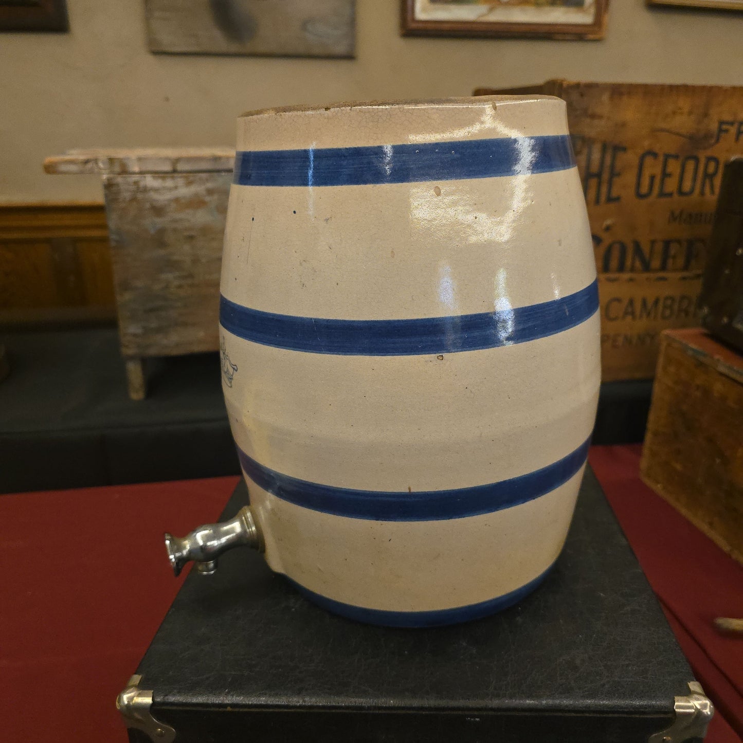 Antique 2-Gallon Blue Banded Stoneware Water Cooler with Crown Mark and Spigot