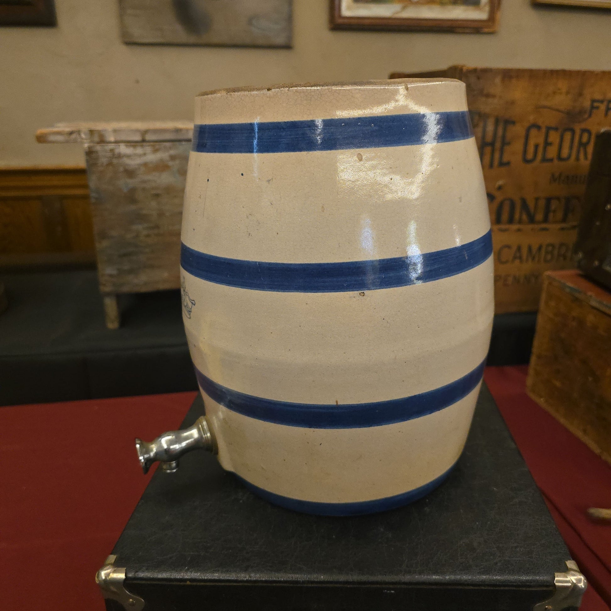Antique 2-Gallon Blue Banded Stoneware Water Cooler with Crown Mark and Spigot