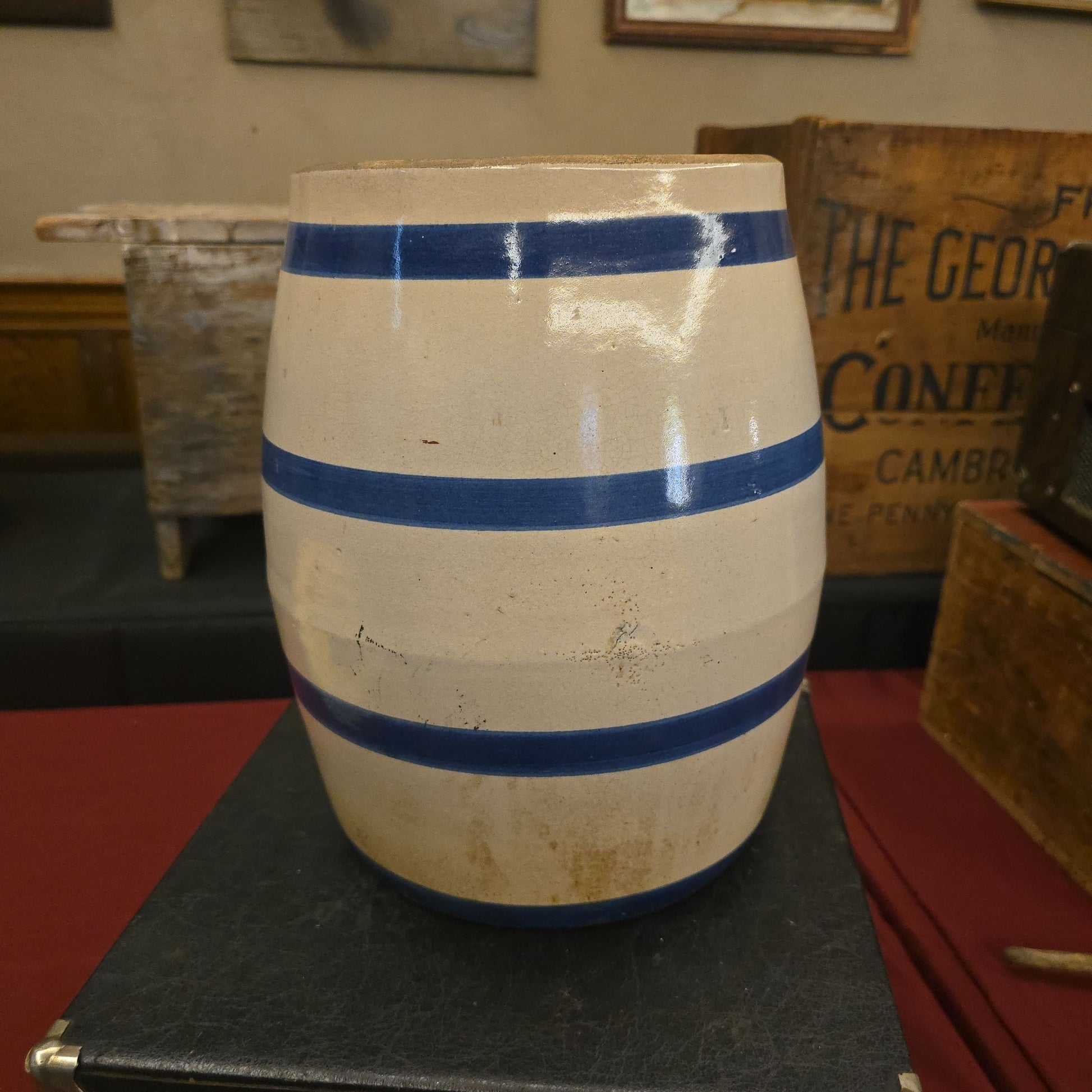Antique 2-Gallon Blue Banded Stoneware Water Cooler with Crown Mark and Spigot