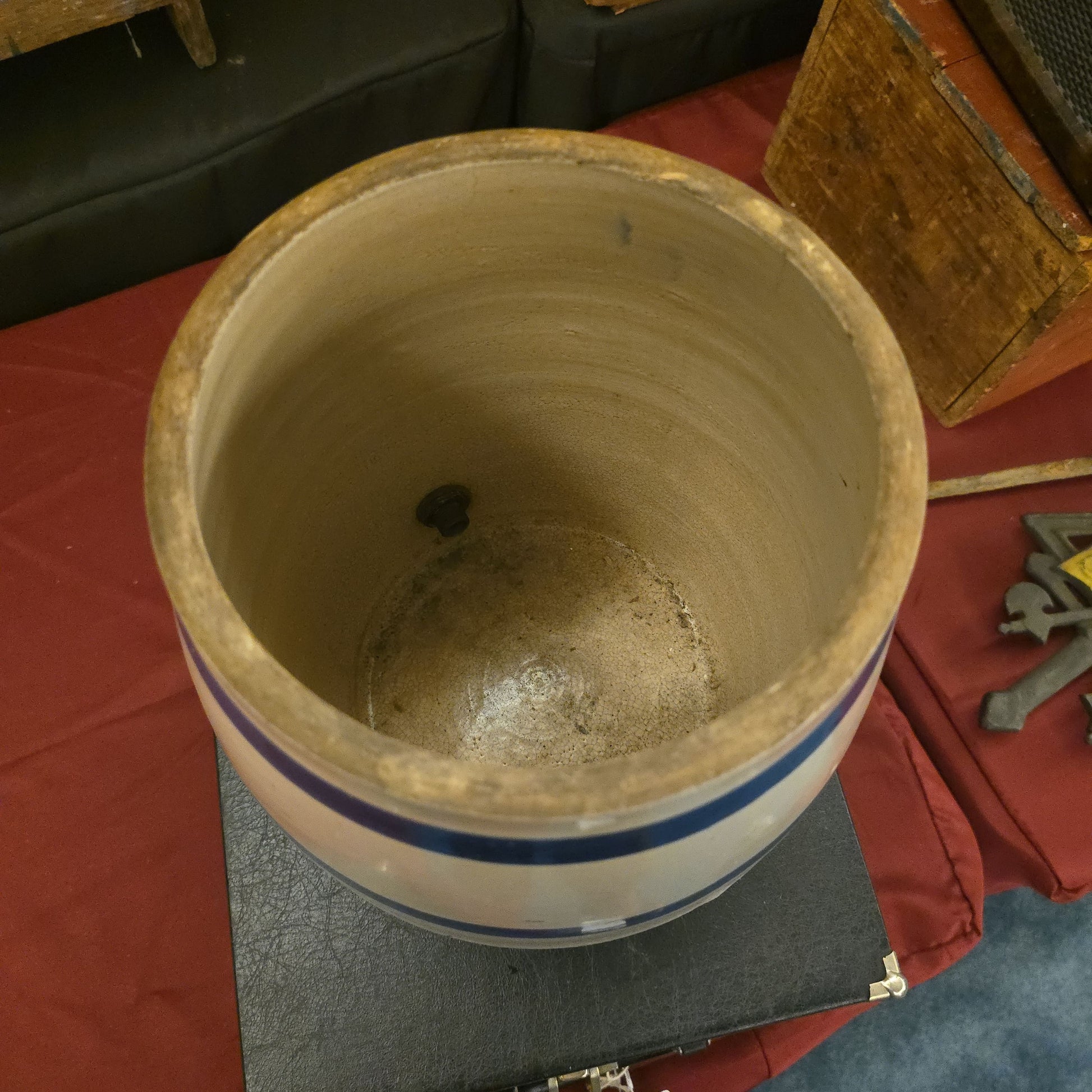 Antique 2-Gallon Blue Banded Stoneware Water Cooler with Crown Mark and Spigot