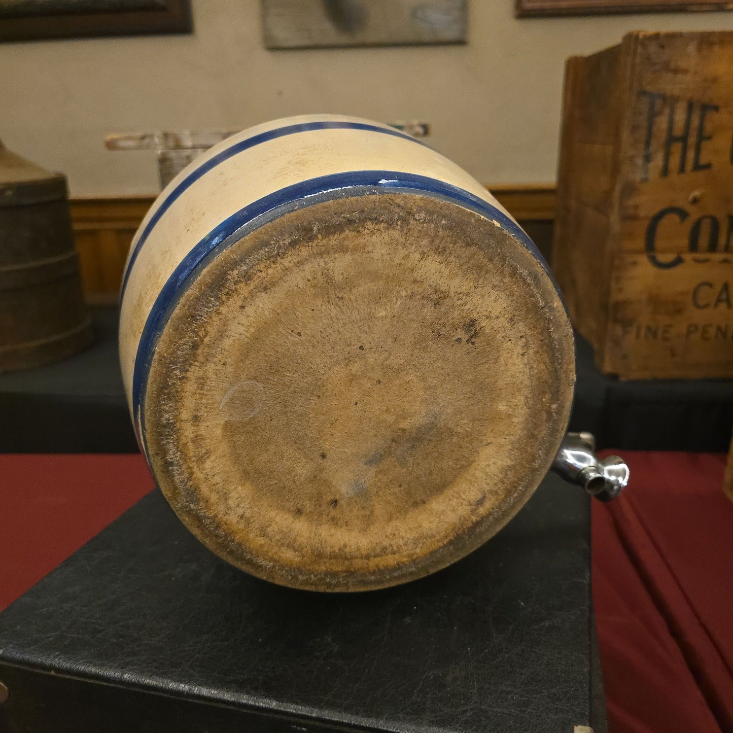 Antique 2-Gallon Blue Banded Stoneware Water Cooler with Crown Mark and Spigot