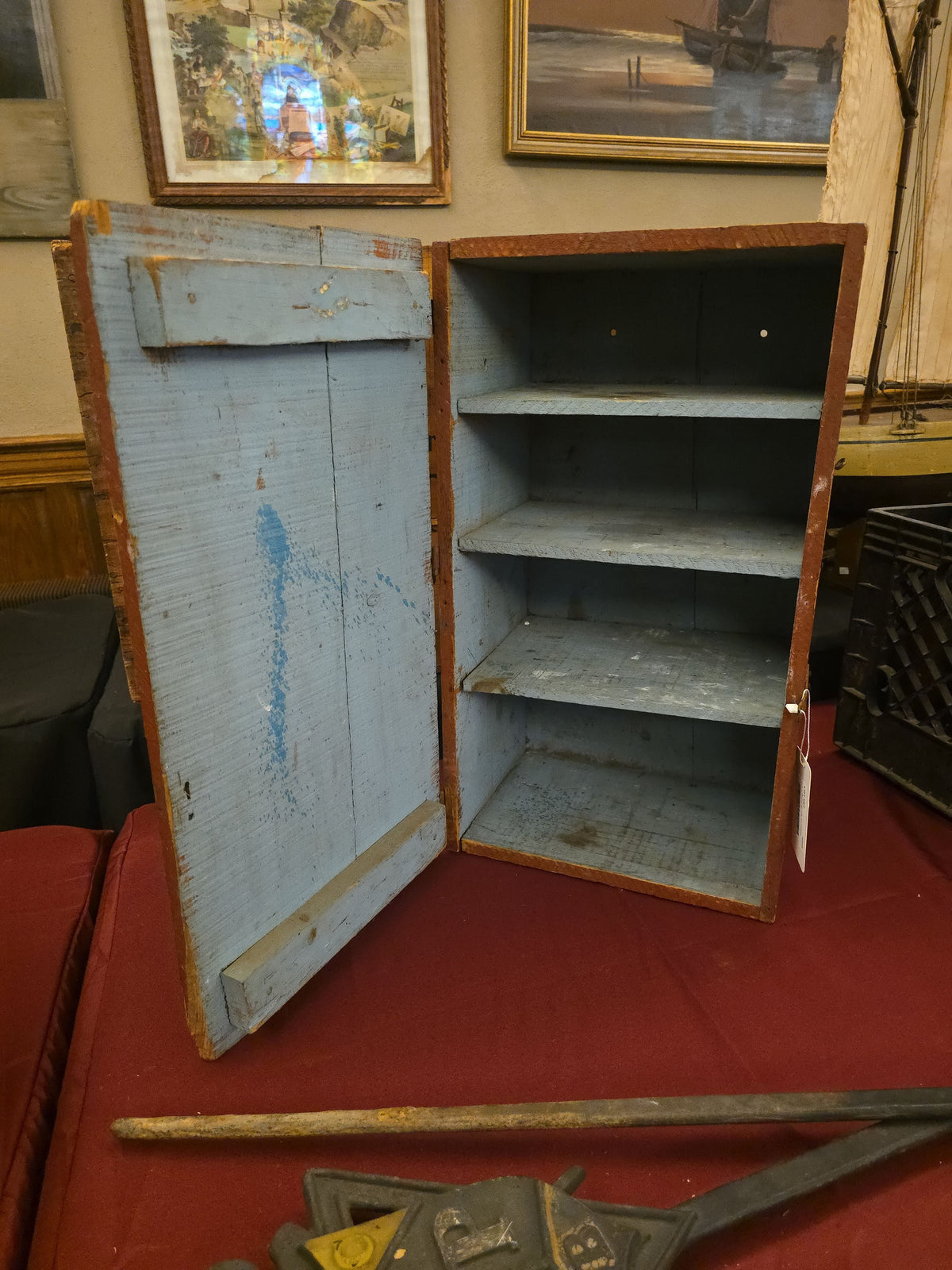 Antique Primitive Wooden Make-Do Crate Cabinet with Blue-Painted Interior