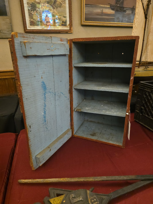 Antique Primitive Wooden Make-Do Crate Cabinet with Blue-Painted Interior