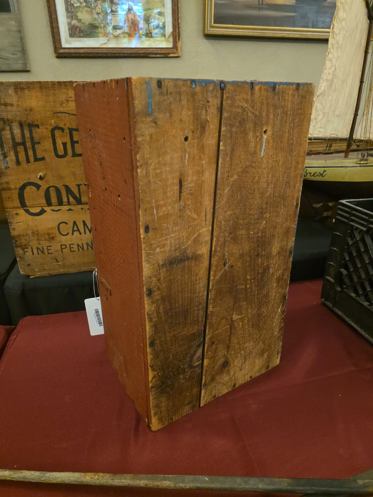 Antique Primitive Wooden Make-Do Crate Cabinet with Blue-Painted Interior