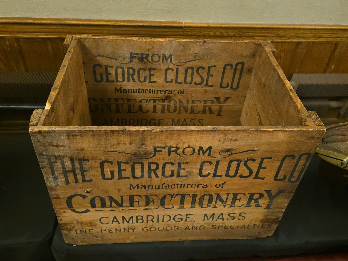 Antique George Close Co. Confectionery Advertising Wood Shipping Crate, Cambridge, Massachusetts