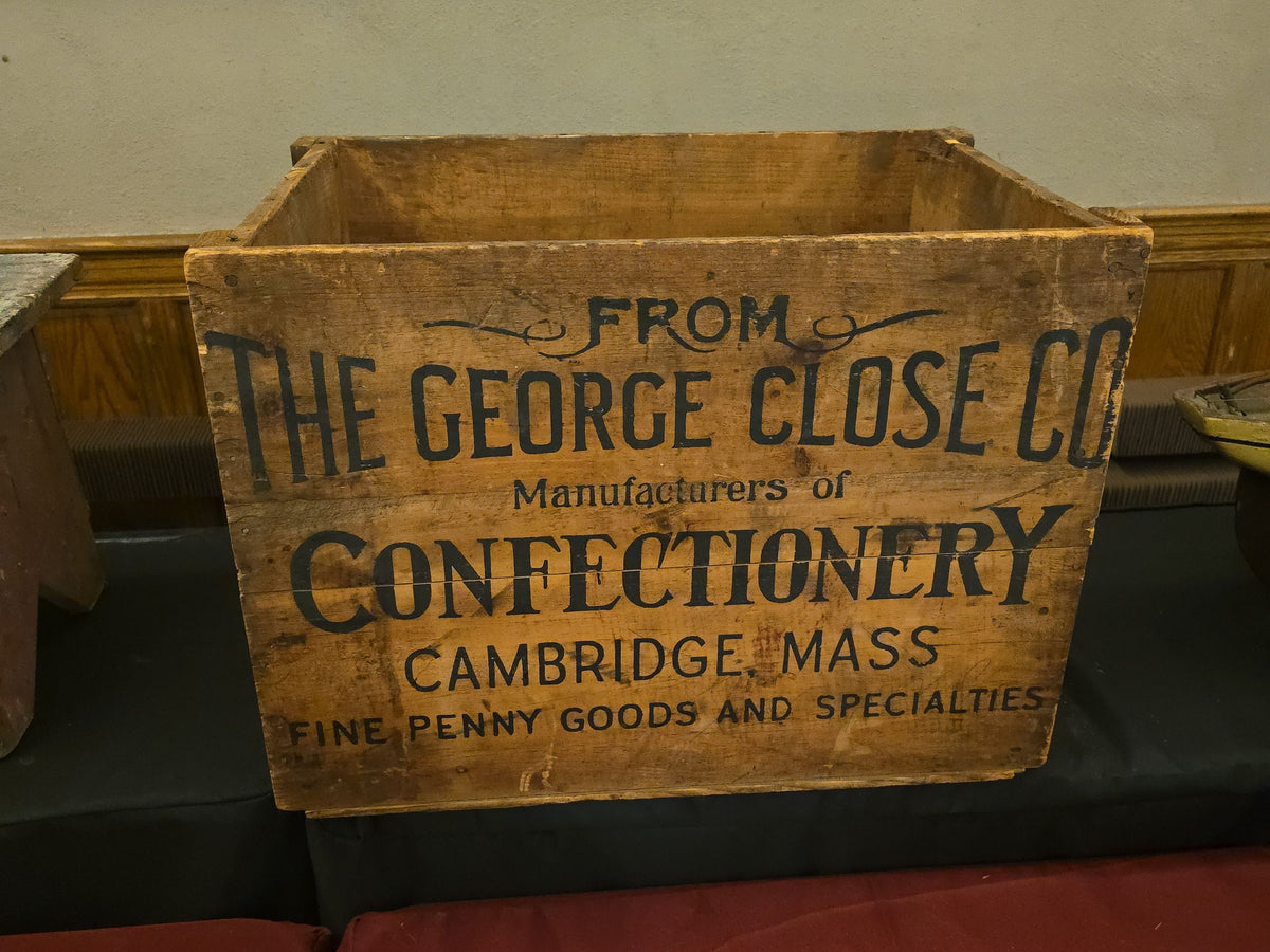 Antique George Close Co. Confectionery Advertising Wood Shipping Crate, Cambridge, Massachusetts