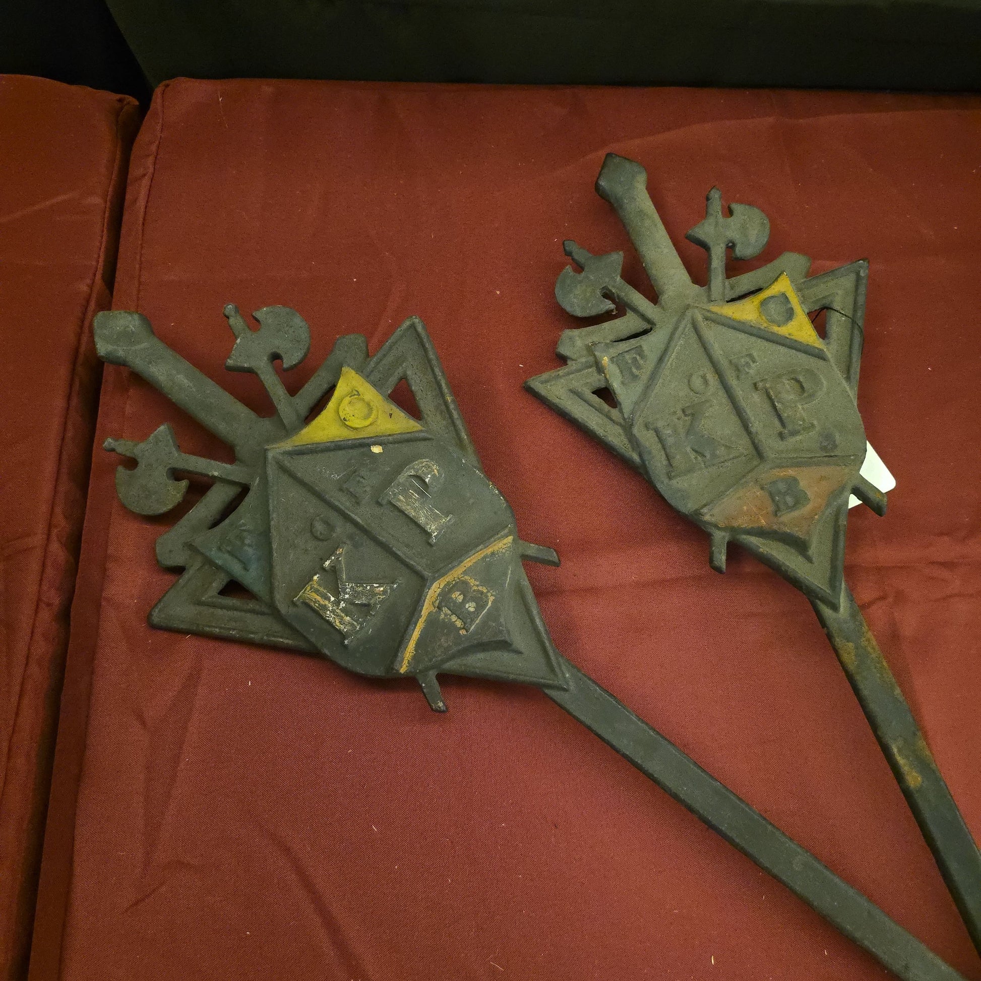 Pair of Antique Knights of Pythias Cast Iron Grave Markers
