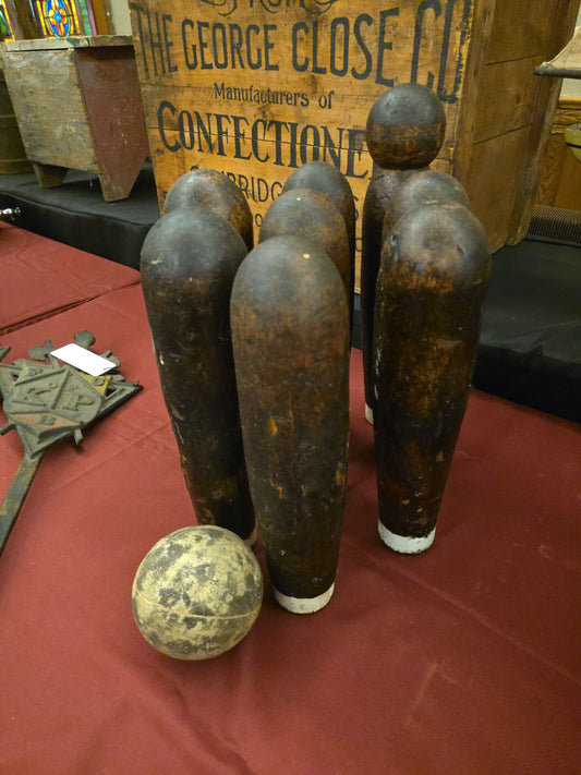 Antique Wooden Bowling Skittles Set with Eight Pins and Ball