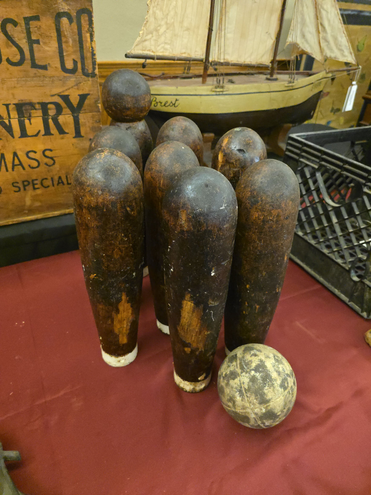 Antique Wooden Bowling Skittles Set with Eight Pins and Ball