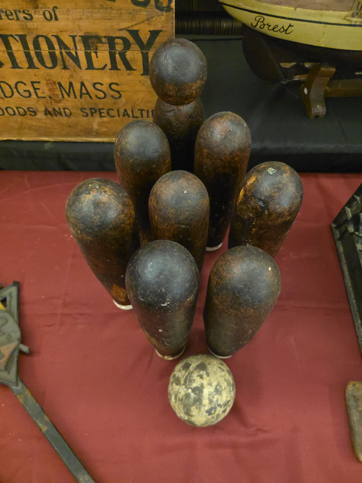 Antique Wooden Bowling Skittles Set with Eight Pins and Ball