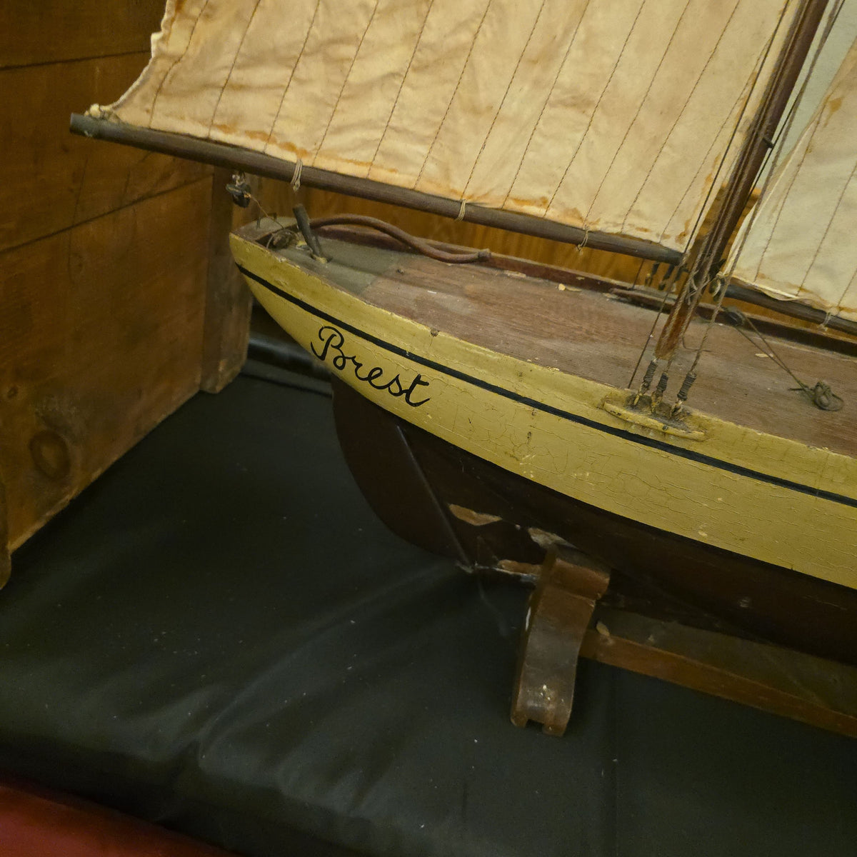 Antique French Wooden Sailing Ship Model "St Pierre" from Brest on Stand