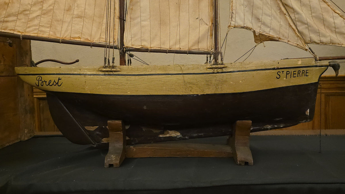 Antique French Wooden Sailing Ship Model "St Pierre" from Brest on Stand