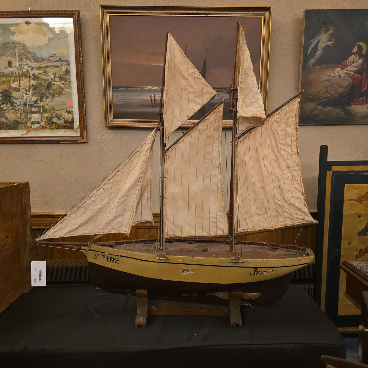 Antique French Wooden Sailing Ship Model "St Pierre" from Brest on Stand