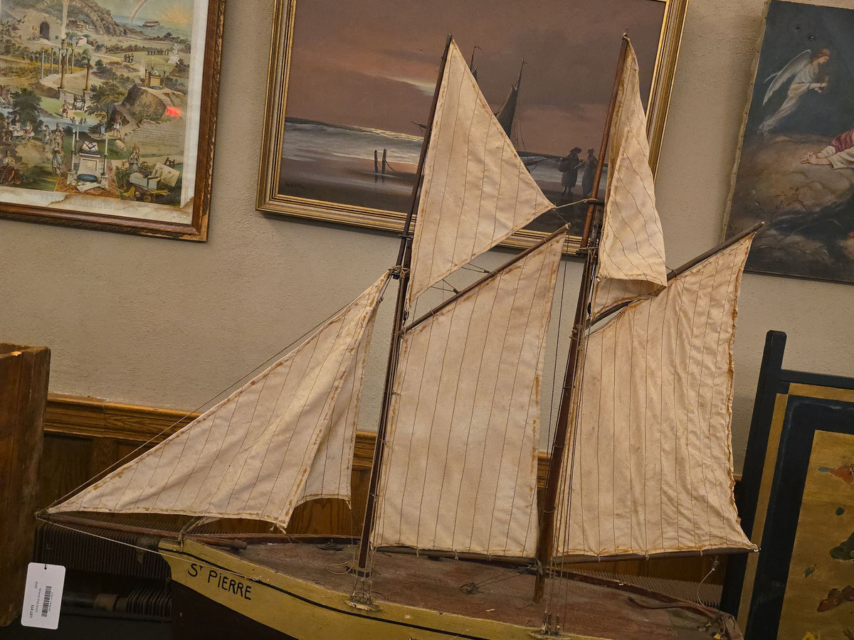Antique French Wooden Sailing Ship Model "St Pierre" from Brest on Stand