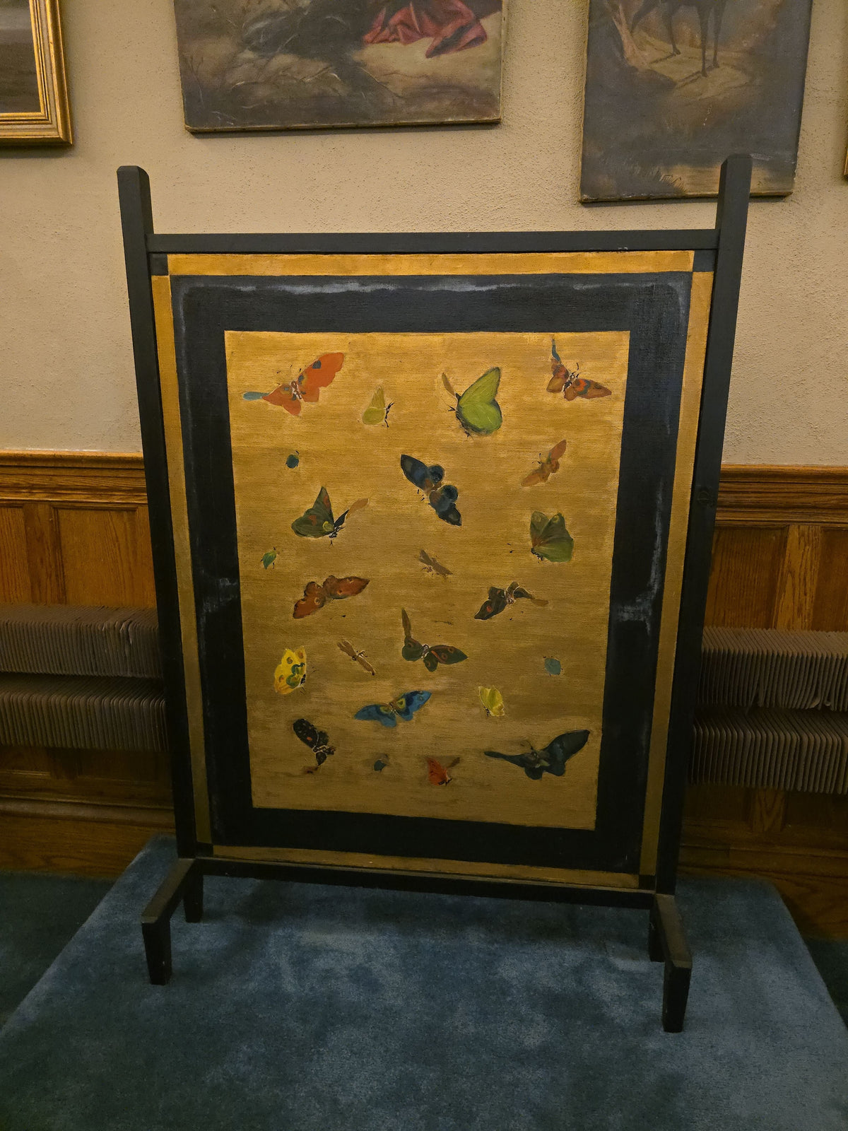 Vintage Hand-Painted Fireplace Screen with Butterflies and Moths