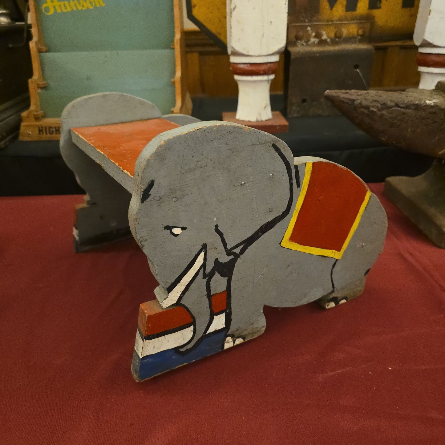 Vintage Folk Art Painted Wood Elephant Children's Step Stool, for Display
