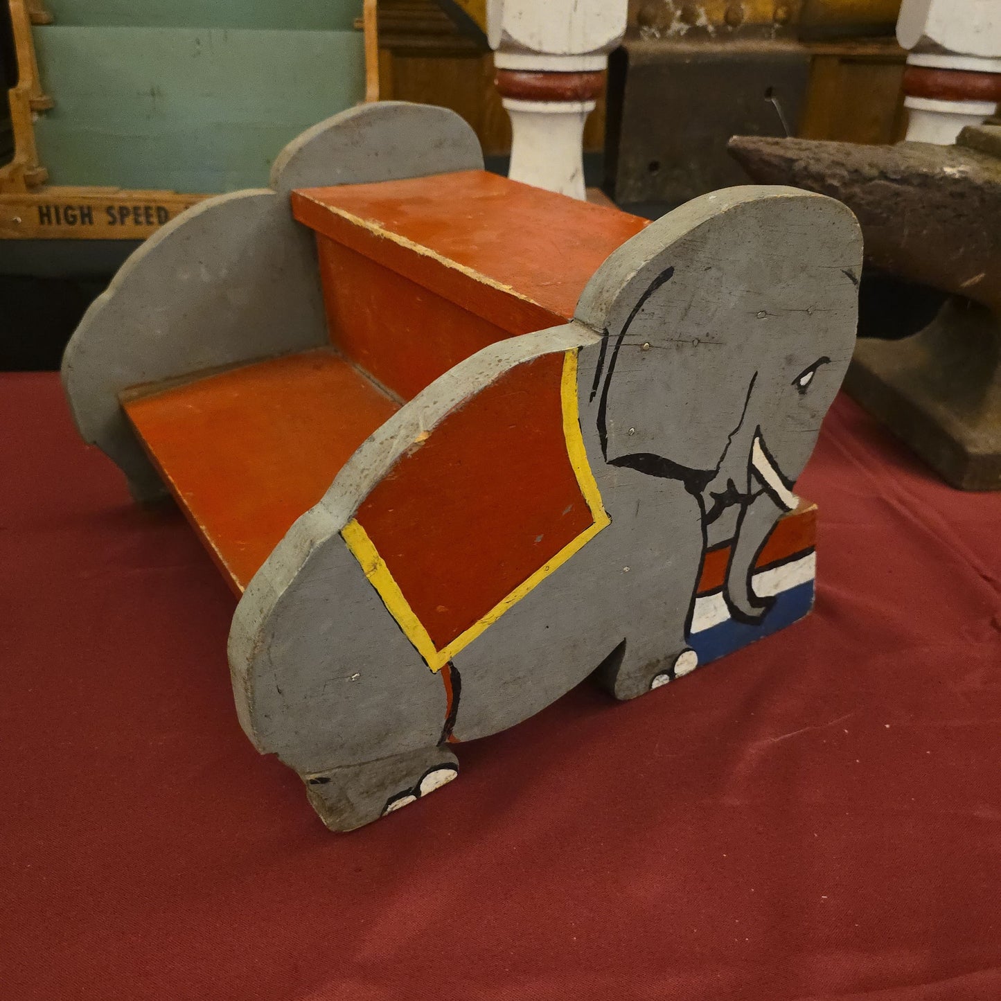 Vintage Folk Art Painted Wood Elephant Children's Step Stool, for Display