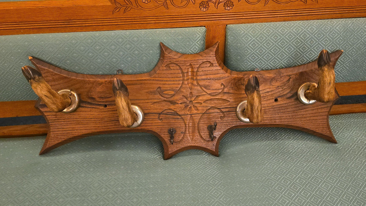 Antique Carved Wood Wall Rack with Deer Hoof Hooks