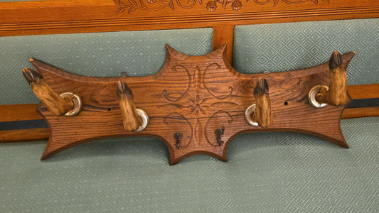 Antique Carved Wood Wall Rack with Deer Hoof Hooks