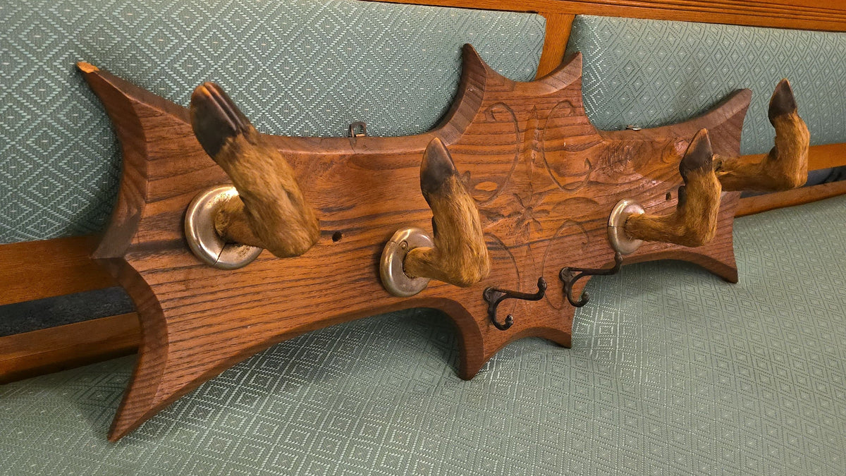 Antique Carved Wood Wall Rack with Deer Hoof Hooks