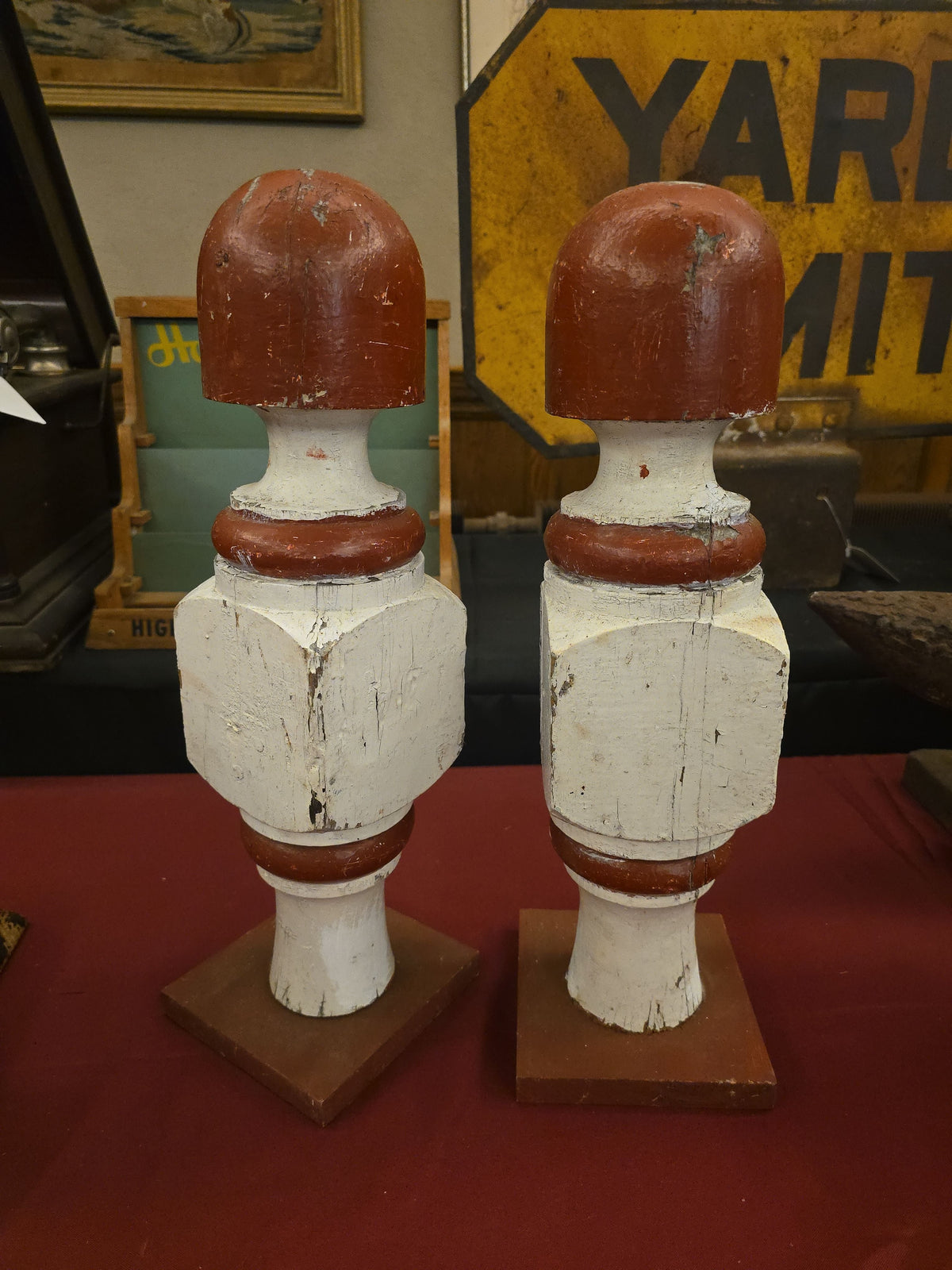 Pair of Antique Painted Wooden Newel Post Finials