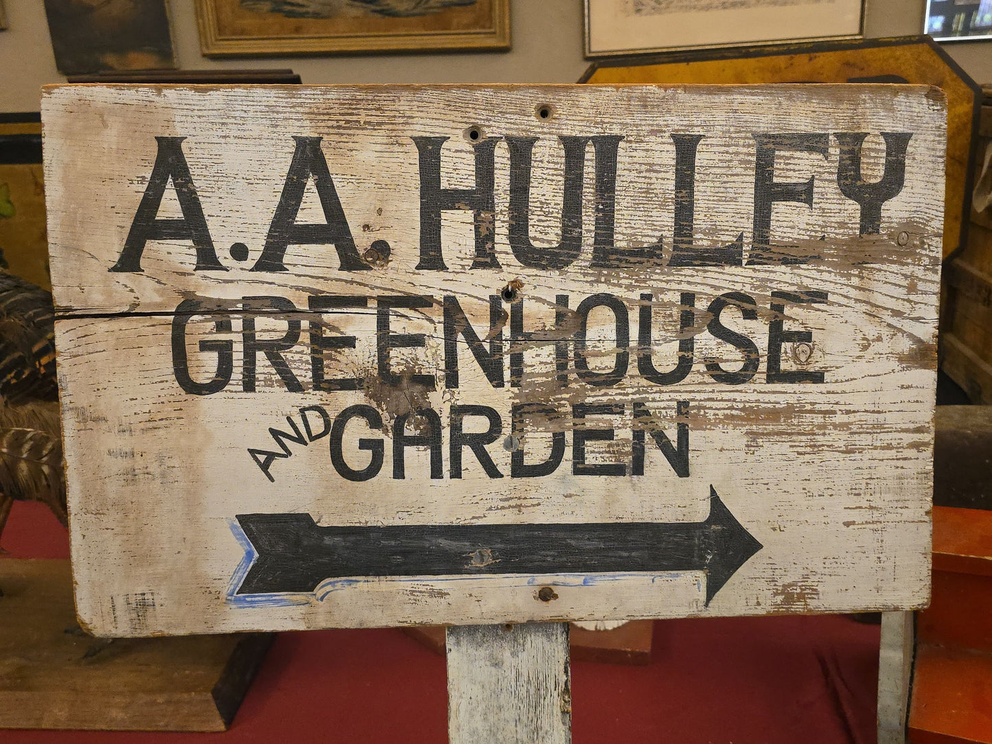 Vintage Hand-Painted Wood Post Sign, "A.A. Hulley Greenhouse and Garden" with Directional Arrow