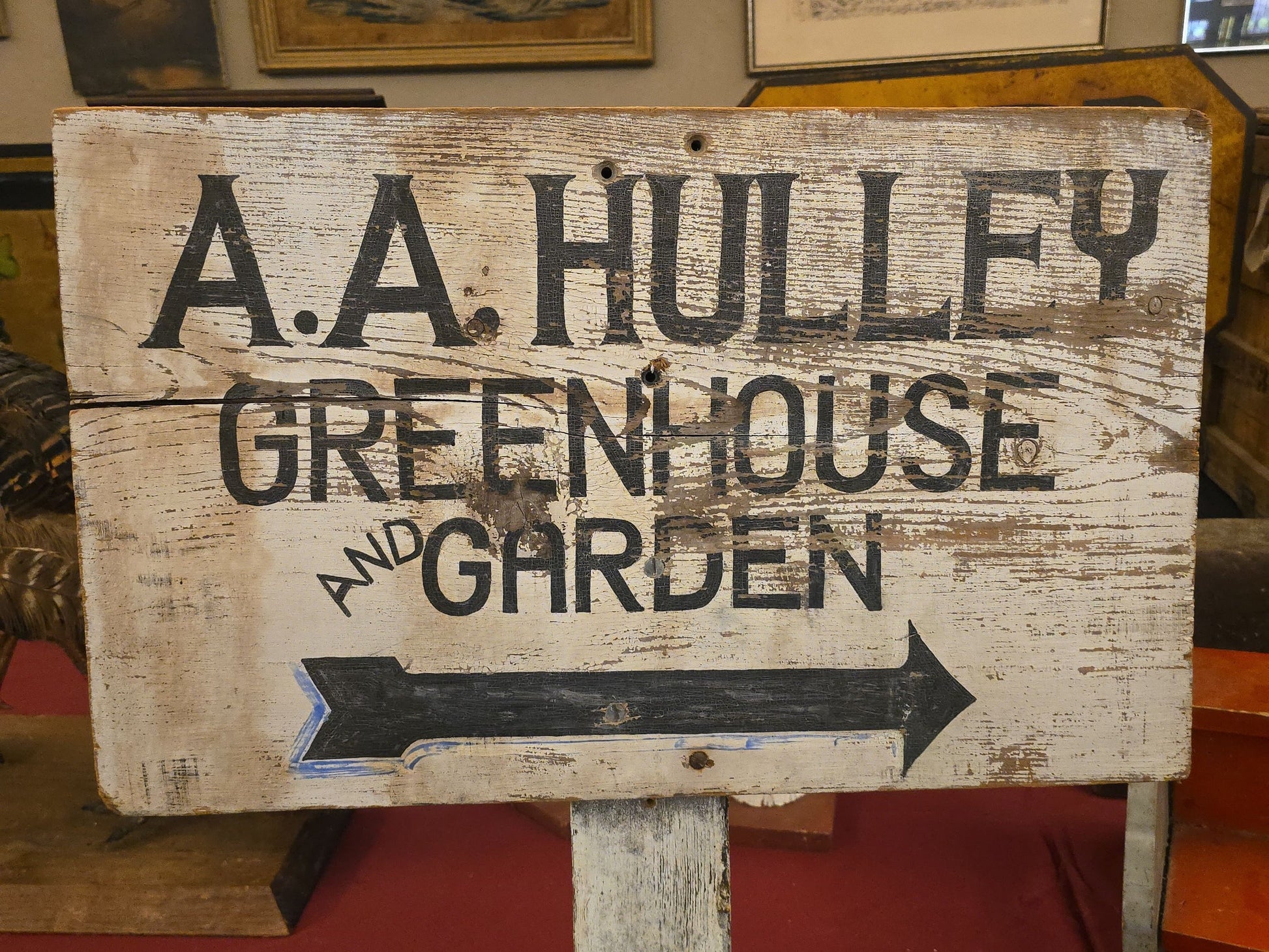 Vintage Hand-Painted Wood Post Sign, "A.A. Hulley Greenhouse and Garden" with Directional Arrow
