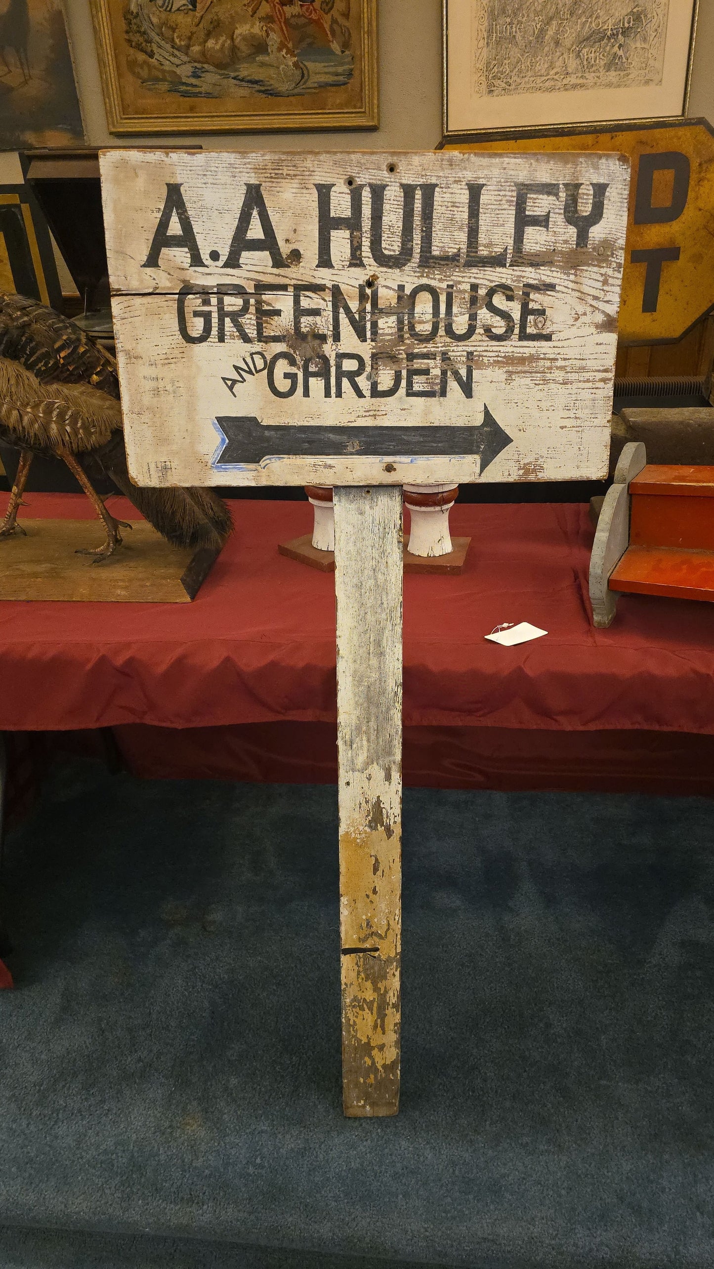 Vintage Hand-Painted Wood Post Sign, "A.A. Hulley Greenhouse and Garden" with Directional Arrow