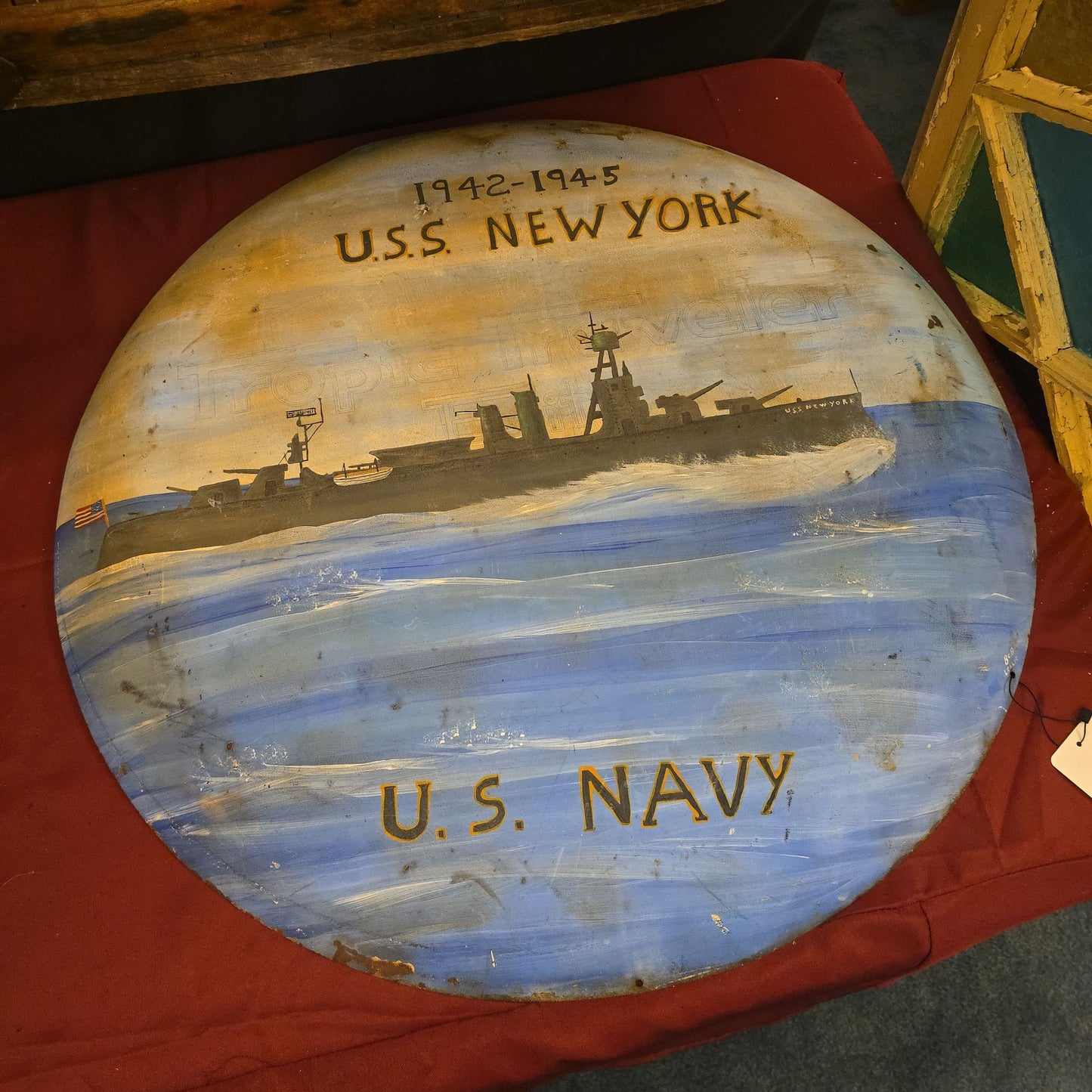 Vintage Hand-Painted U.S.S. New York U.S. Navy WWII Round Metal Sign, Signed Bob Leslie, 1942-1945