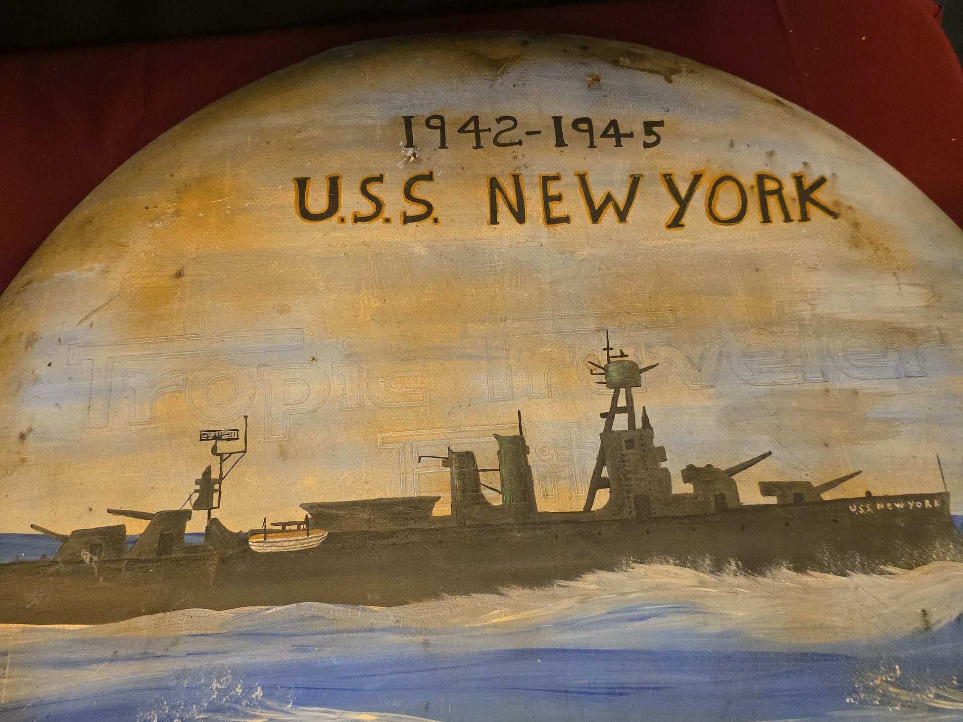 Vintage Hand-Painted U.S.S. New York U.S. Navy WWII Round Metal Sign, Signed Bob Leslie, 1942-1945