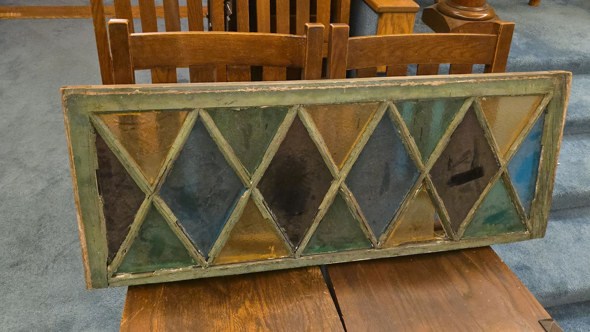 Antique Stained Glass Window Panel with Diamond Pattern, Note Chipped Panel
