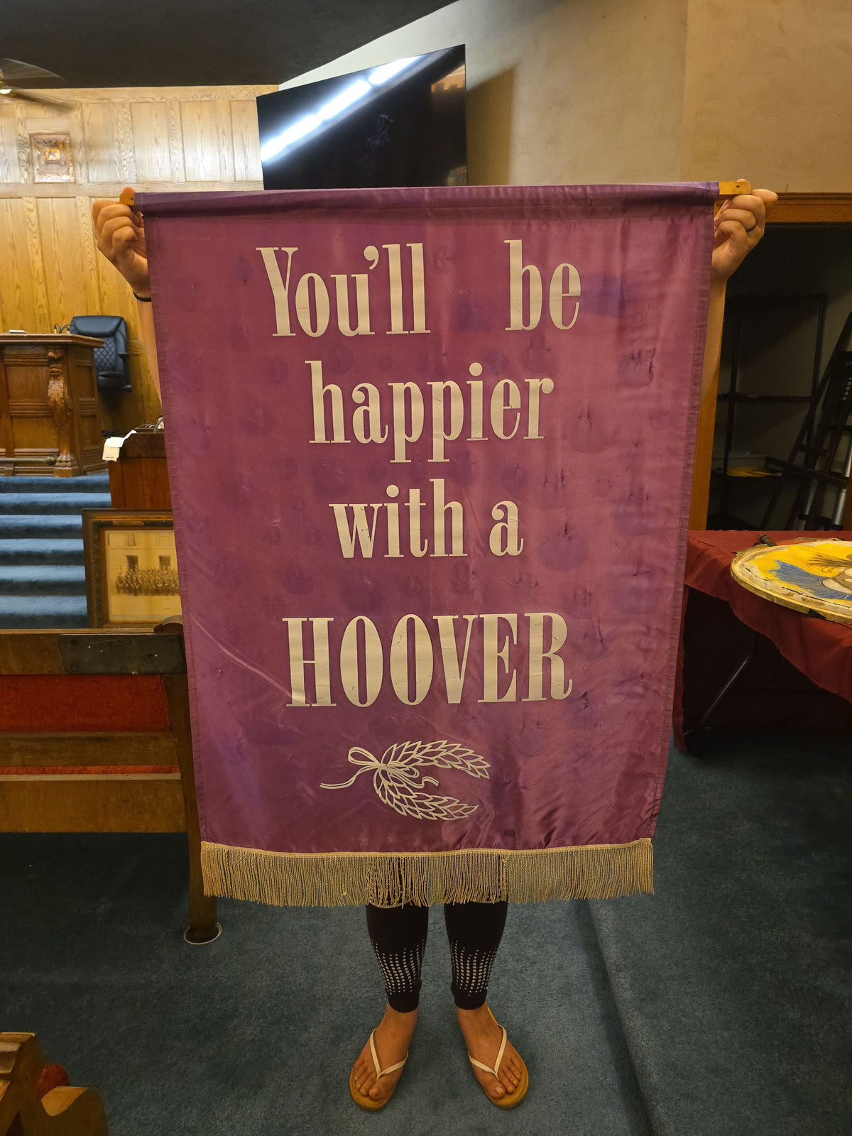Vintage Hoover Vacuum Cleaner Advertising Banner with Fringe, "You'll be happier with a HOOVER"