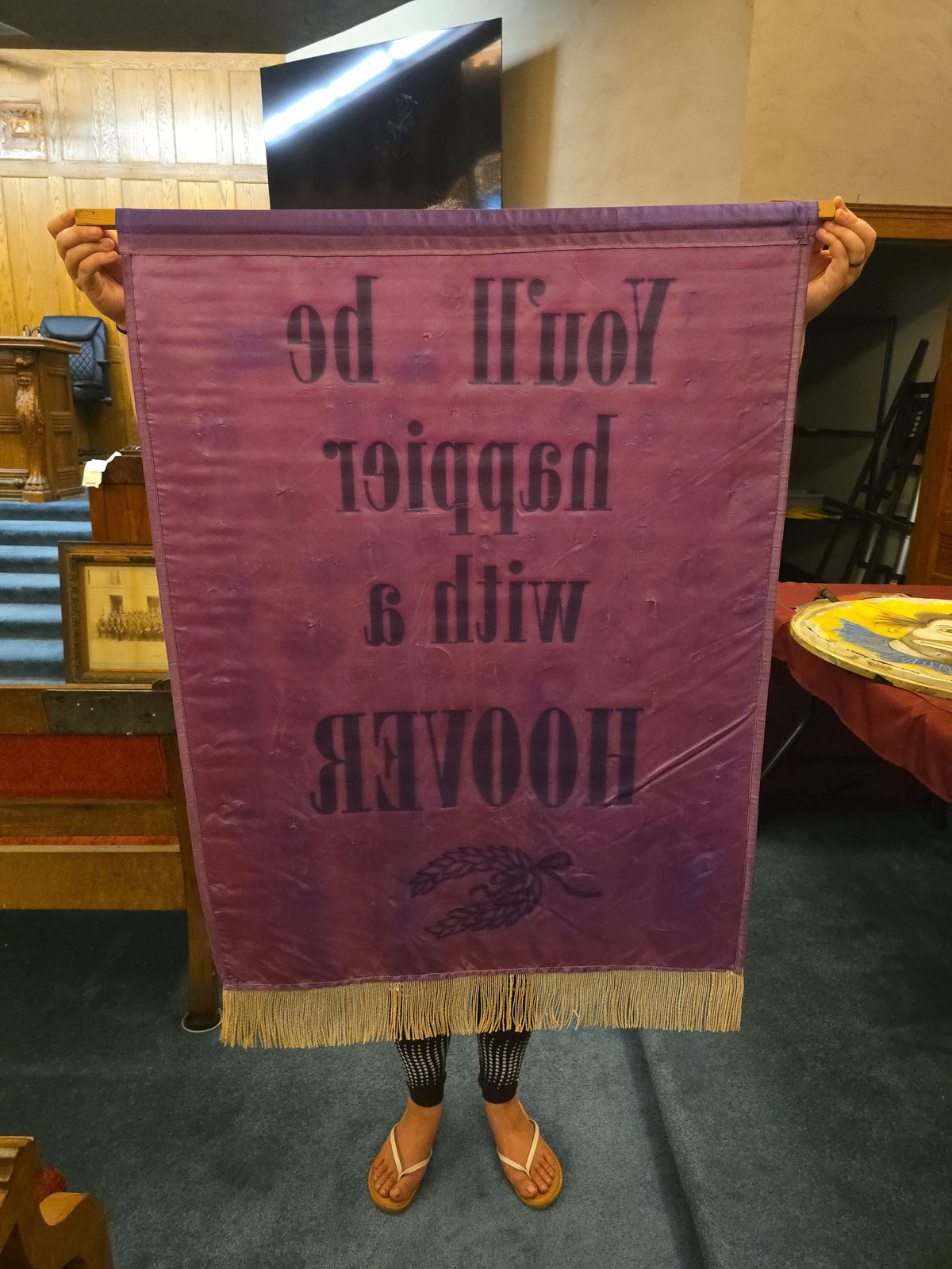 Vintage Hoover Vacuum Cleaner Advertising Banner with Fringe, "You'll be happier with a HOOVER"