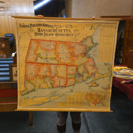Antique 1901 Railroad, Post Office, Township and County Wall Map of Massachusetts, Rhode Island and Connecticut, Published by The National Publishing Company, Boston, Massachusetts