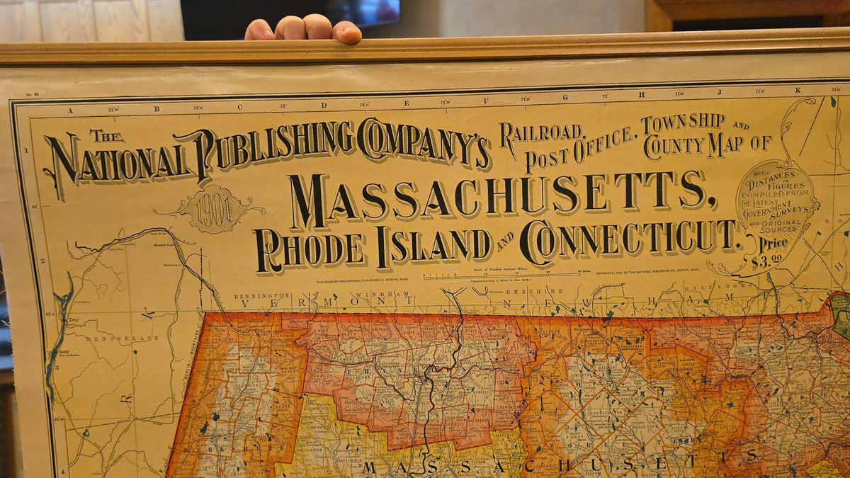 Antique 1901 Railroad, Post Office, Township and County Wall Map of Massachusetts, Rhode Island and Connecticut, Published by The National Publishing Company, Boston, Massachusetts