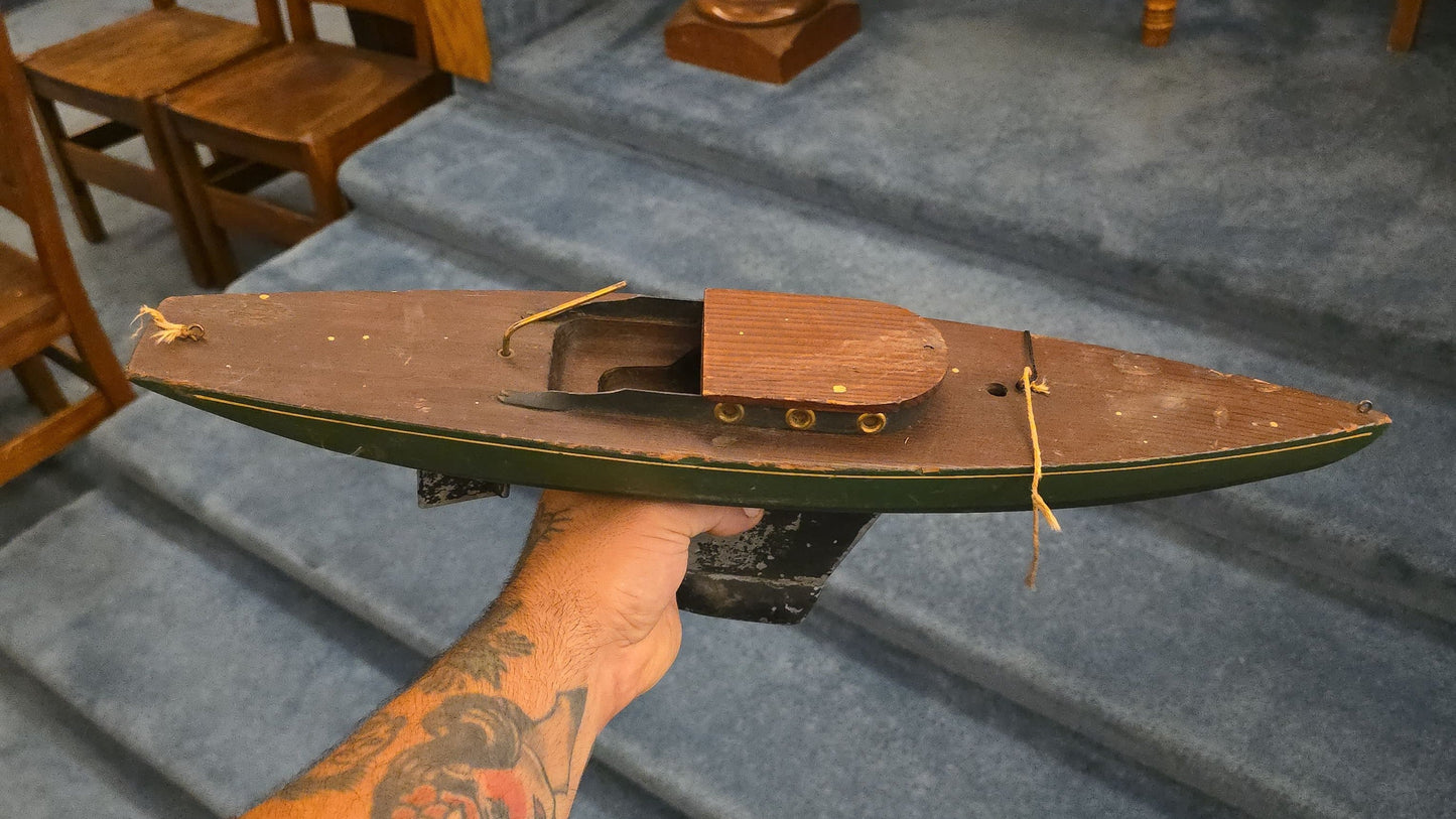 Antique Painted Wood Pond Yacht Model with Weighted Keel