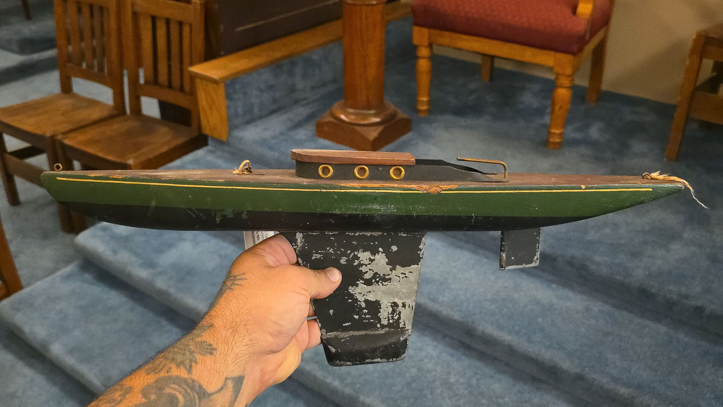 Antique Painted Wood Pond Yacht Model with Weighted Keel