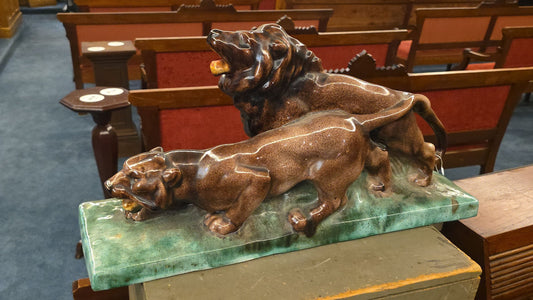Vintage Glazed Ceramic Lion Sculpture