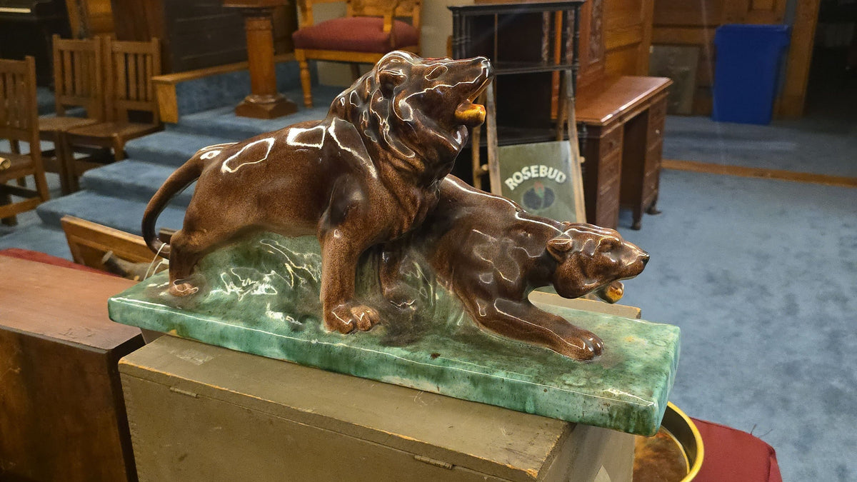 Vintage Glazed Ceramic Lion Sculpture