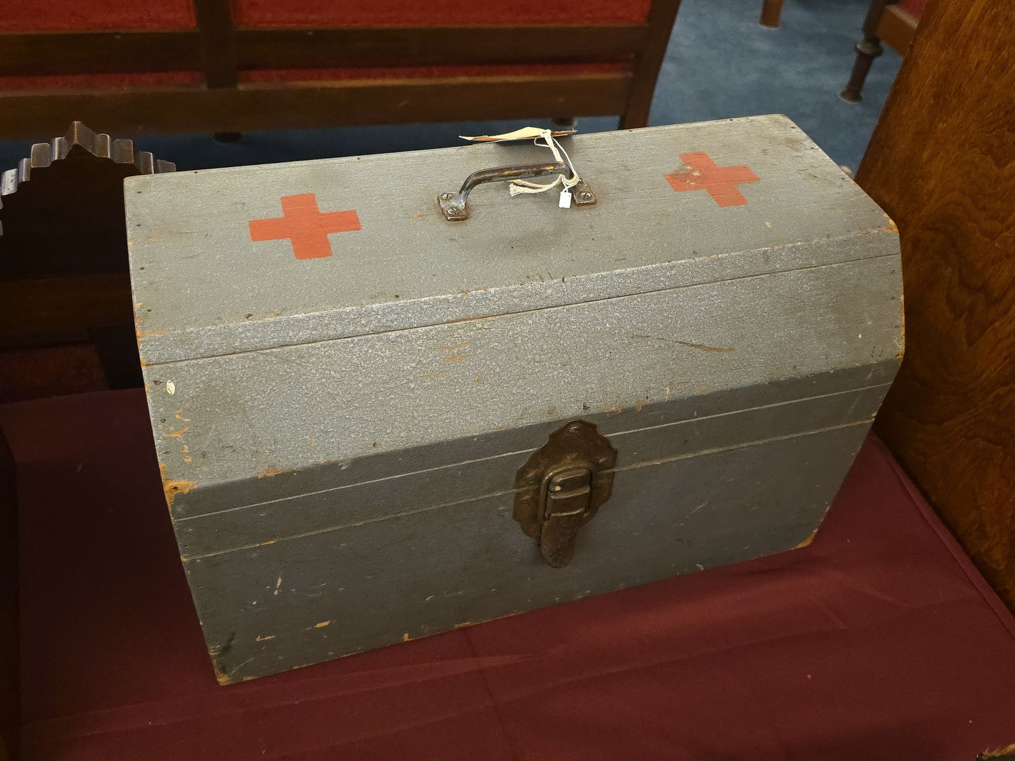 Vintage Wooden First Aid Box with Red Cross Markings and Contents
