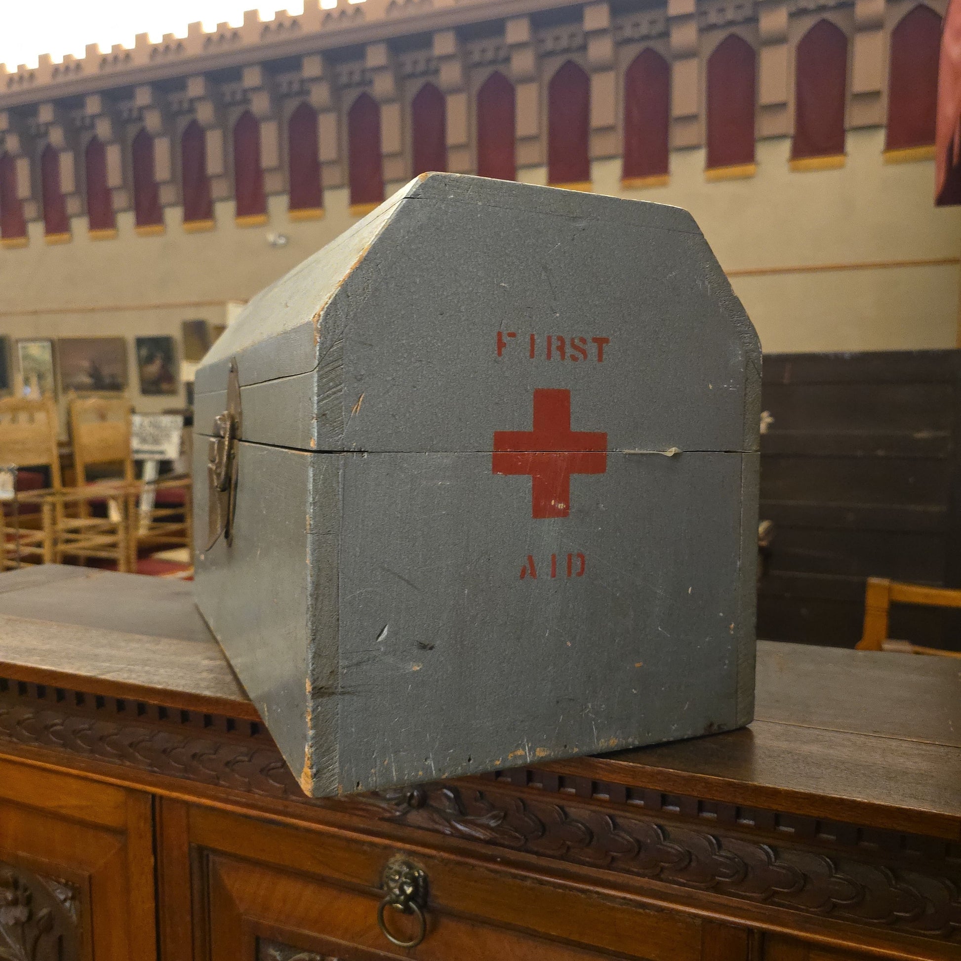 Vintage Wooden First Aid Box with Red Cross Markings and Contents