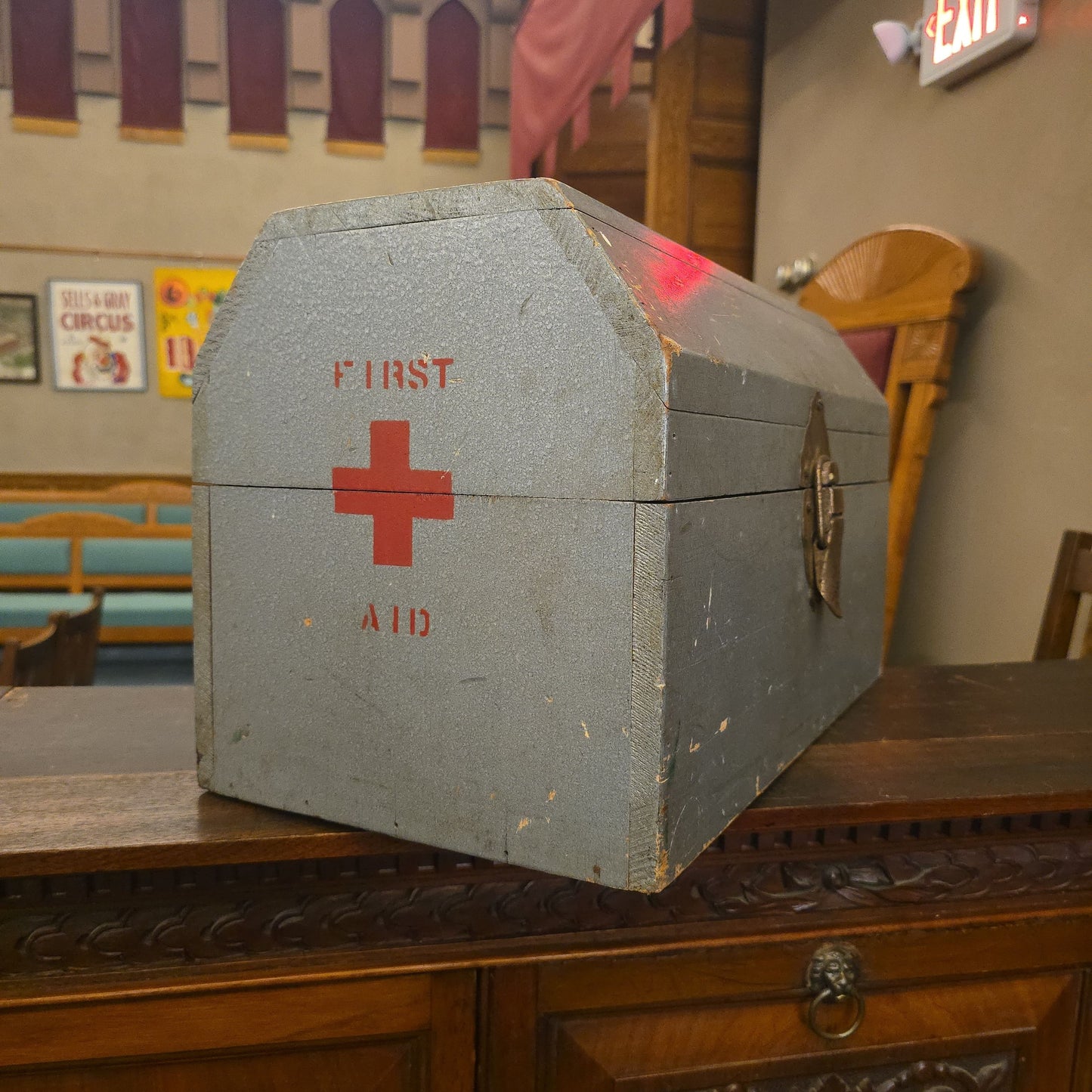 Vintage Wooden First Aid Box with Red Cross Markings and Contents