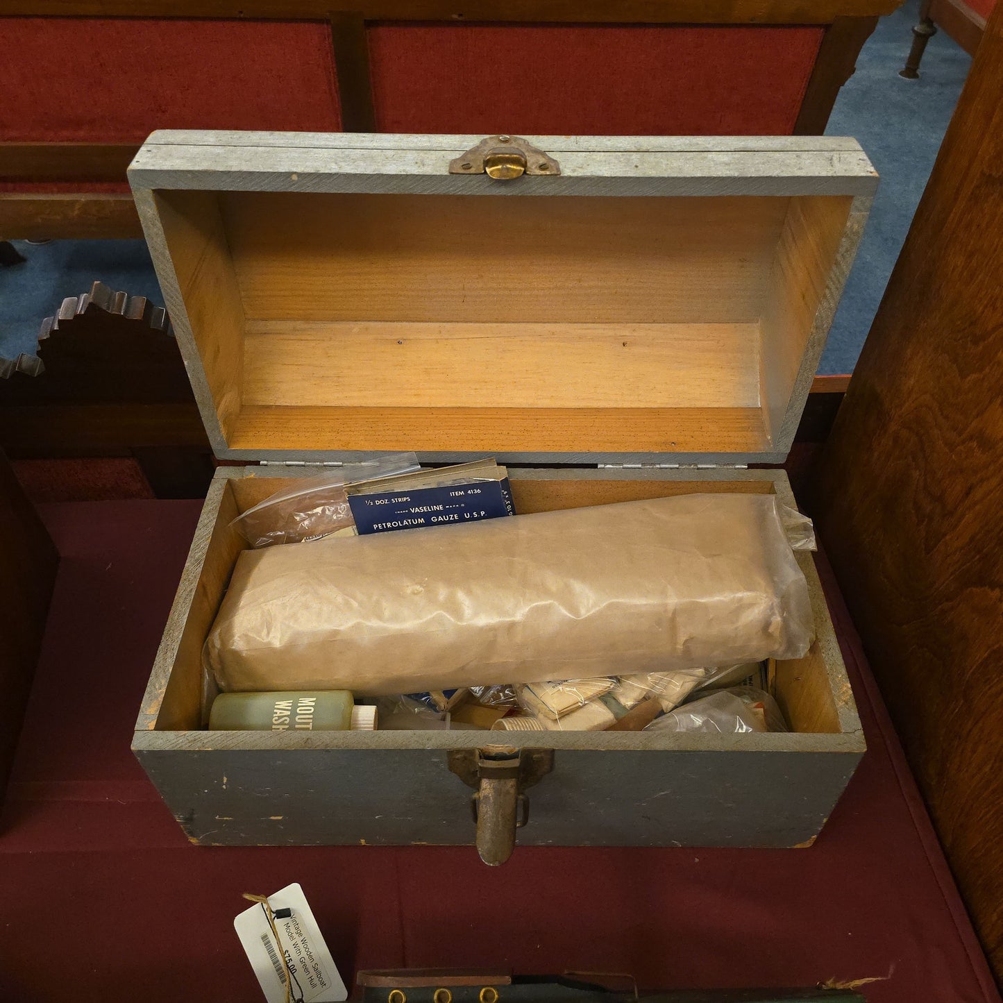 Vintage Wooden First Aid Box with Red Cross Markings and Contents