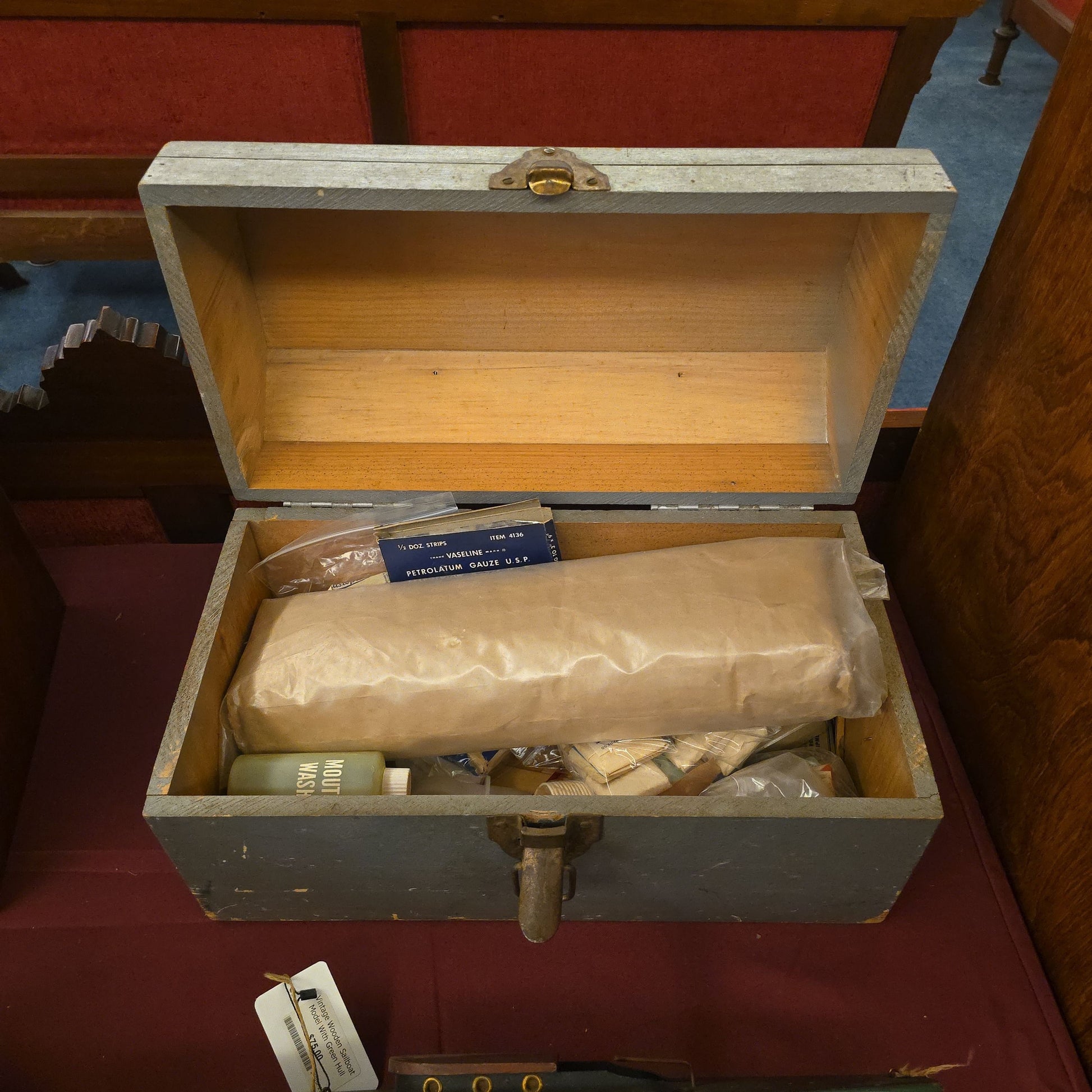 Vintage Wooden First Aid Box with Red Cross Markings and Contents