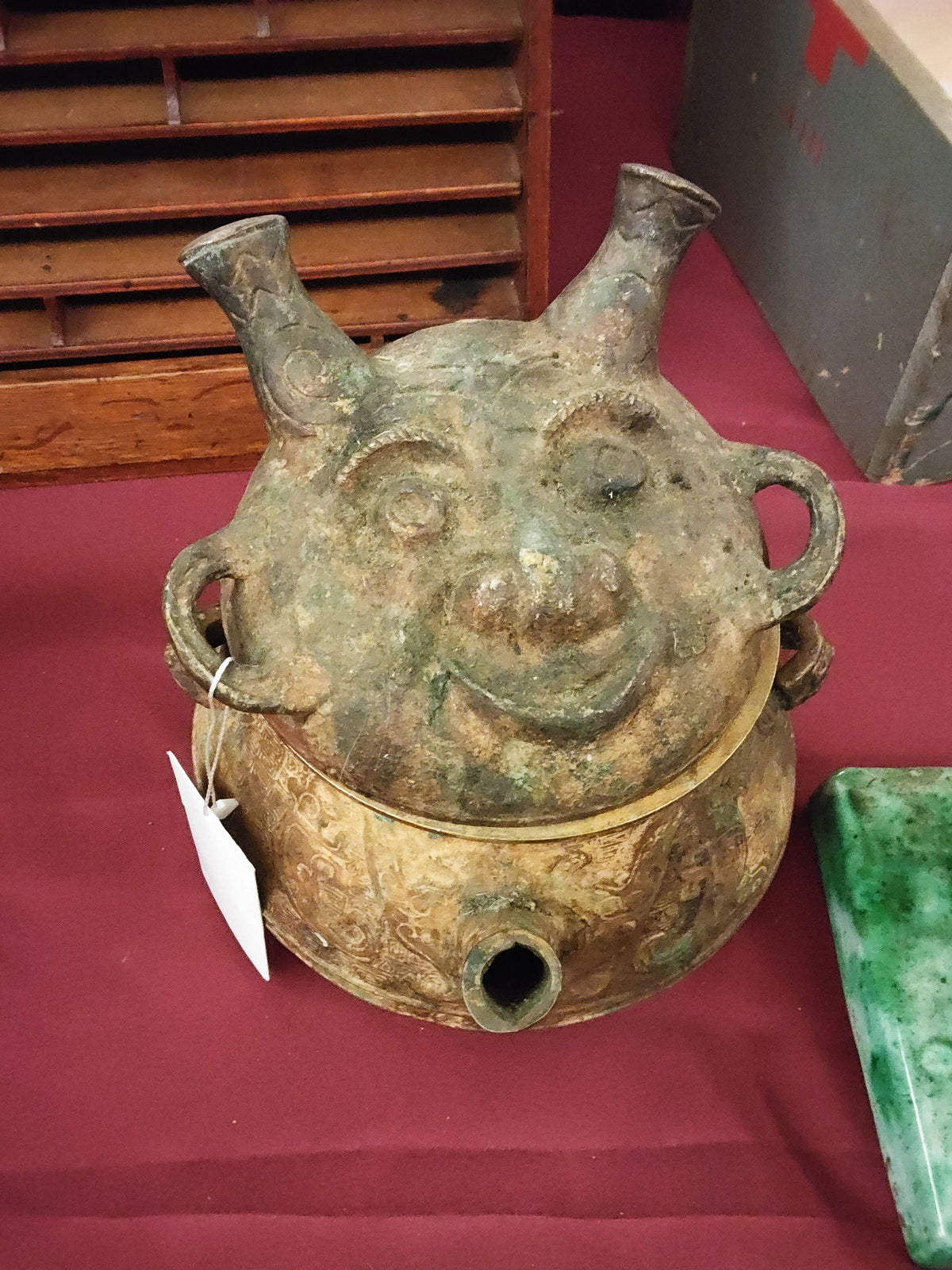 Vintage Replica Chinese-Style Figural Lidded Vessel with Spout and Footed Base