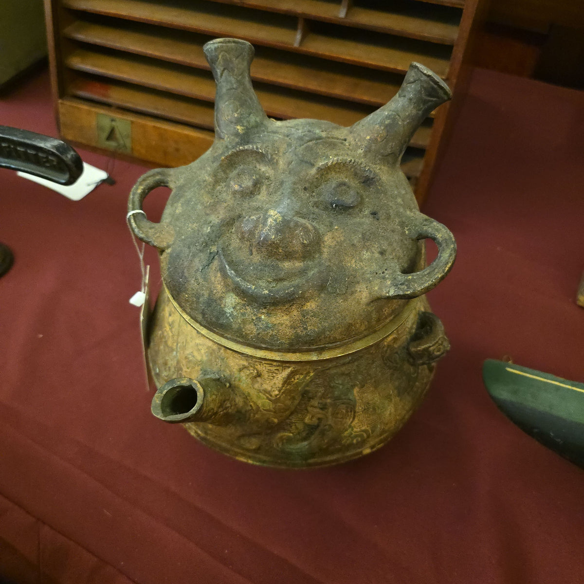 Vintage Replica Chinese-Style Figural Lidded Vessel with Spout and Footed Base