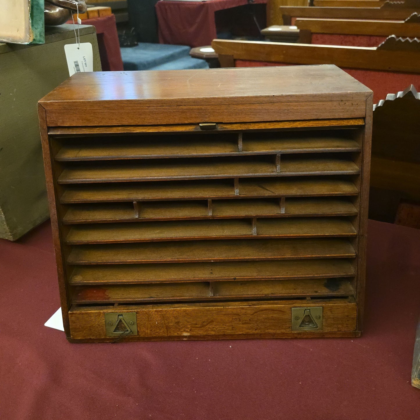 Antique Oak Tambour Front Desktop Cabinet with Drawer