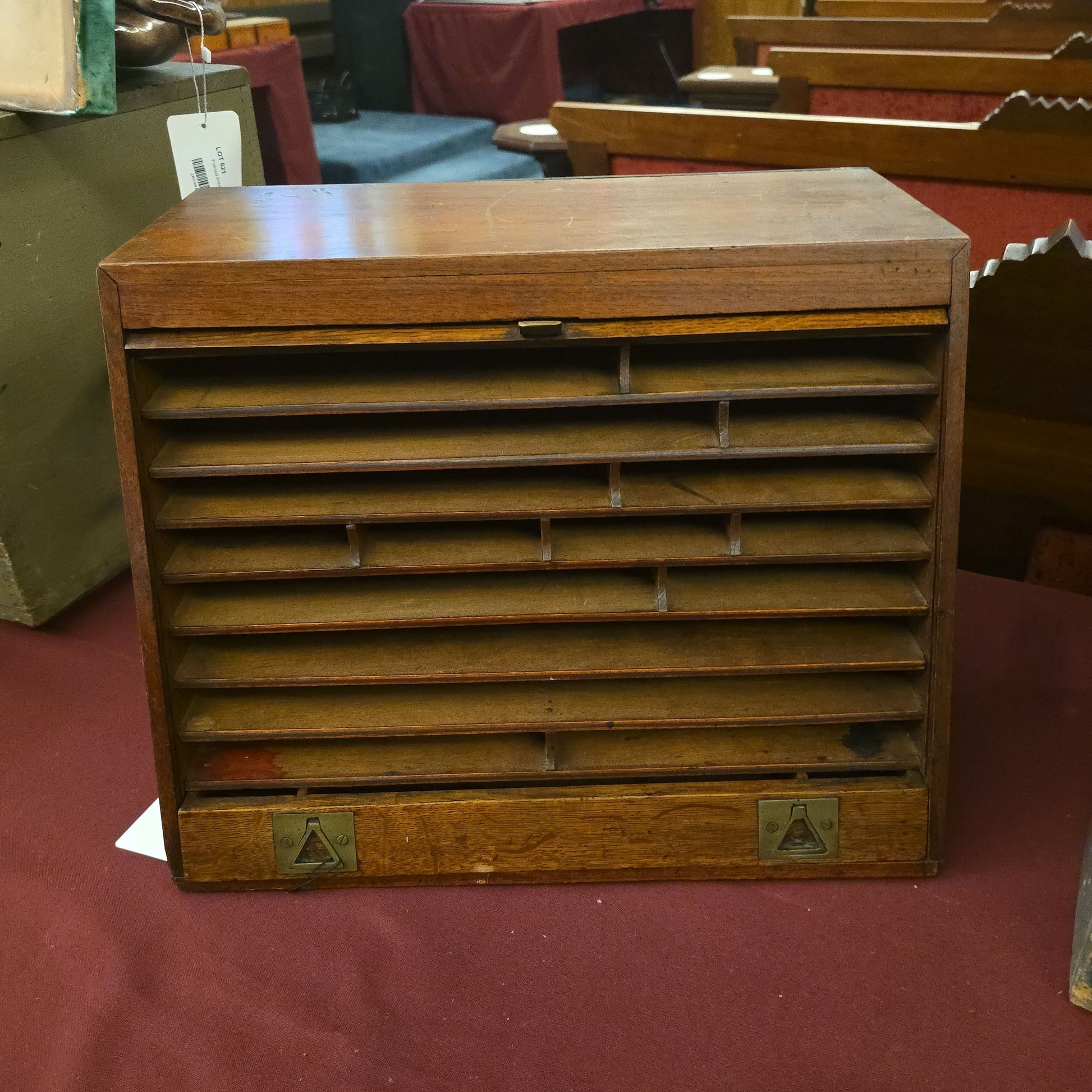 Antique Oak Tambour Front Desktop Cabinet with Drawer
