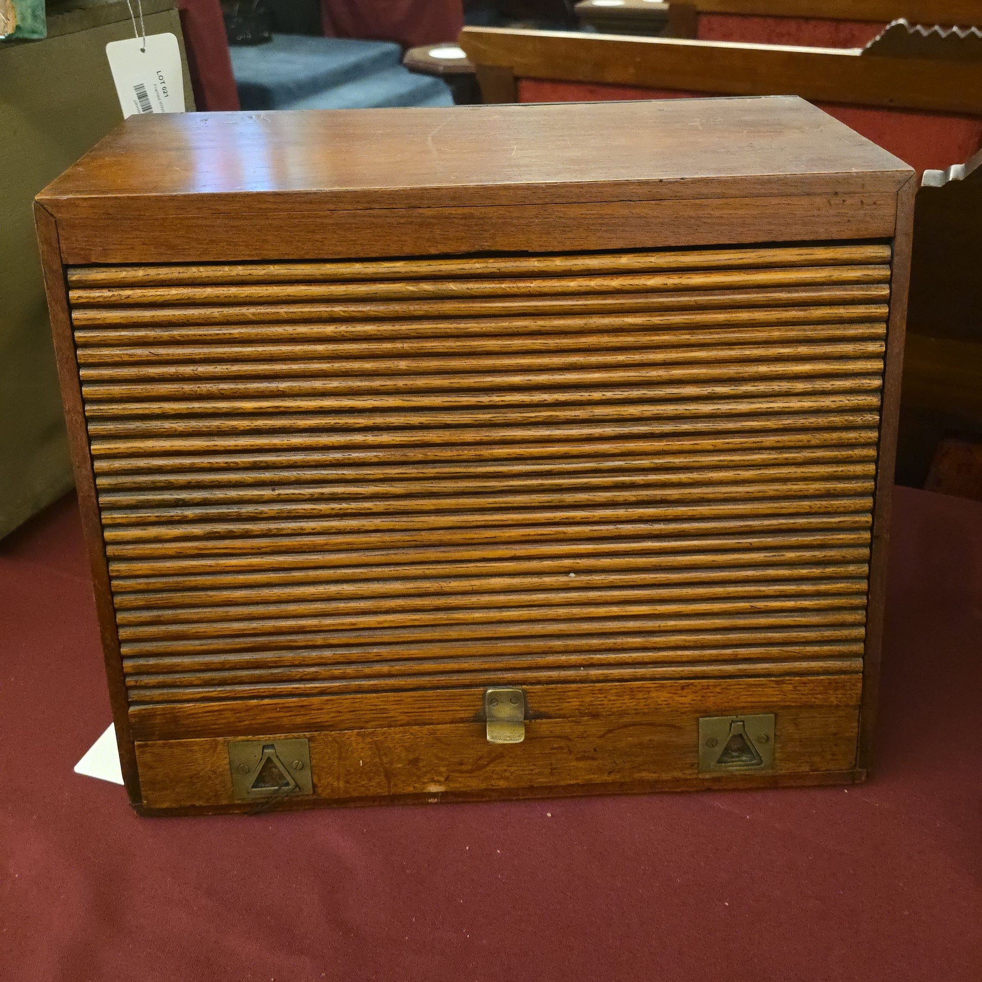 Antique Oak Tambour Front Desktop Cabinet with Drawer